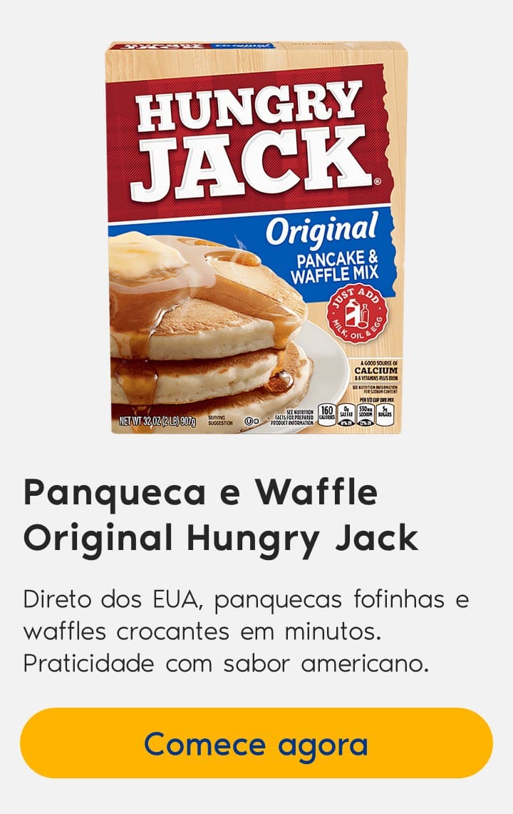 Panqueca e Waffle Original Hungry Jack: Direto dos EUA, panquecas fofinhas e waffles crocantes em minutos. Praticidade com sabor americano.